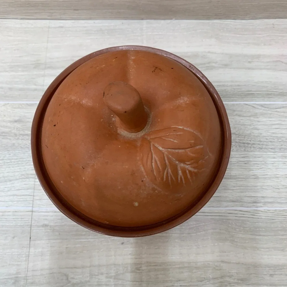 Terracotta Apple Baker Clay Ramekin with Lid Rustic Fall Kitchen Decor Orange